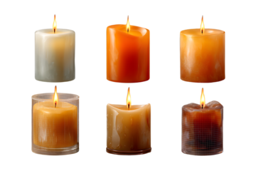 Vector 3d realistic white and orange paraffin or wax burning party candle and different flame of a candle icon set closeup isolated on transparency grid background. Design template, clipart for