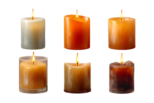 Vector 3d realistic white and orange paraffin or wax burning party candle and different flame of a candle icon set closeup isolated on transparency grid background. Design template, clipart for
