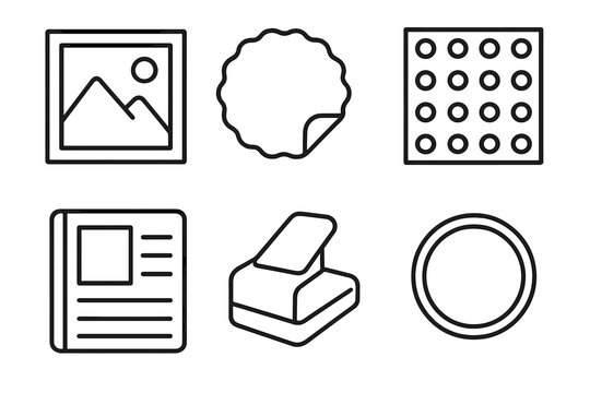 Scrapbooking Line Icons. Line style icons of scrapbooking: photo frame, sticker, patterned paper, journal page, corner punch,