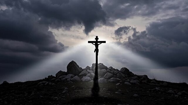 Silhouette of the cross of Jesus in dark cloudy sky.