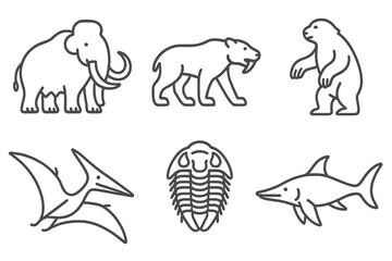 Naklejka premium Prehistoric Animal Icons. Line style icons of prehistoric animals: mammoth, saber-tooth cat, giant sloth, pterosaur, trilobite,