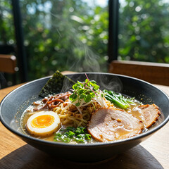 Steaming bowl of delicious ramen with tender pork and perfectly cooked egg, a culinary delight.