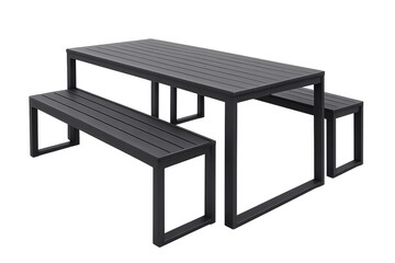 Black outdoor dining set with modern metal table and two benches, perfect for garden and patio meals