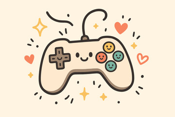 Joyful Controller Doodle. Cute doodle vector artwork of a cheerful controller with happy buttons, floating among doodle sparkles,