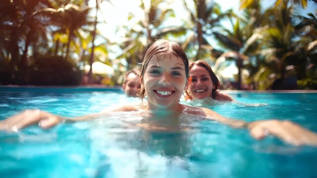 A candid shot of a family enjoying a sunny day in a swimming pool. The main subject is a woman and two children, with the woman in the foreground and the children in the background.