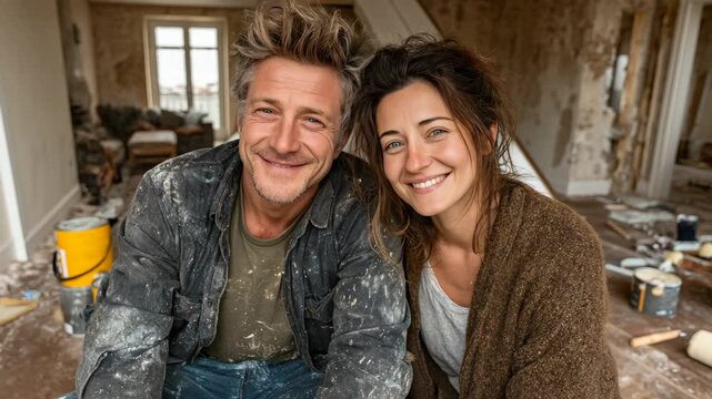 Amidst the beautiful chaos of their project a happy couple covered in paint smiles proudly during their home renovation a perfect story of love teamwork and building a dream home together