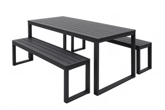 Black outdoor dining set with modern metal table and two benches, perfect for garden and patio meals