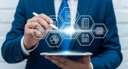 Businessman interacting with a digital interface showing business process management icons on a tablet