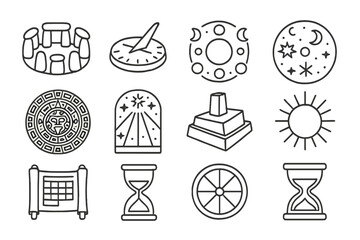 Ancient Calendars Icons. Line style icons of Ancient Calendars: Stone Circle, Sun Dial, Moon Cycle, Celestial Disk; Mayan Calendar