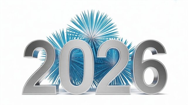 Shiny silver metallic 2026 numbers with bright blue festive tinsel decoration on white background