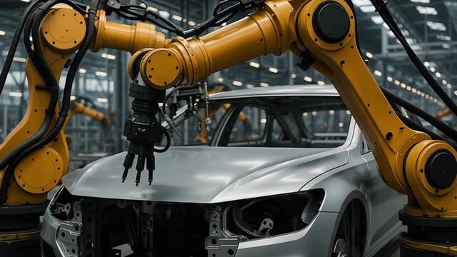 Modern automotive manufacturing process by automated robotic arm for technology industry.