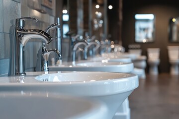 Multiple gleaming chrome faucets are prominently displayed above pristine white ceramic sinks within a contemporary bathroom showroom setting, ready for purchase.