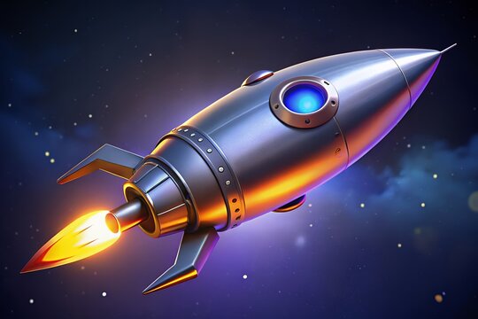 Futuristic silver rocket launching through starry night sky