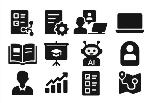 EdTech AI Icons. Solid style icons of EdTech AI Tools: adaptive lesson, automated grading system, virtual instructor, laptop,