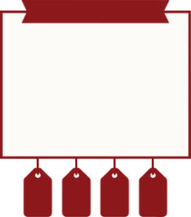 A blank white rectangular frame with a red banner at the top and four red tags hanging from the bottom.