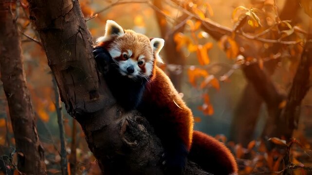 red panda on tree branch with autumn leaves in background.