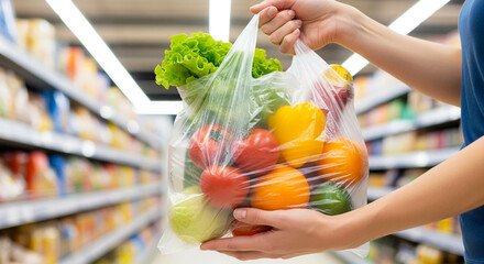 Hands holding plastic grocery bag full of items, fresh produce and sustainable shopping in supermarket