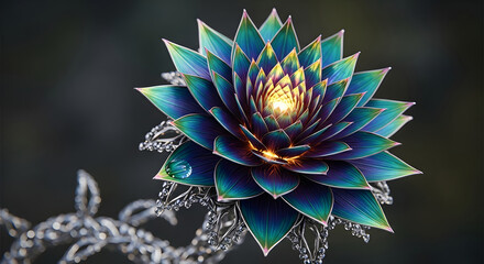 Abstract bioluminescent crystalline flower with glowing center and intricate metallic stem against dark background