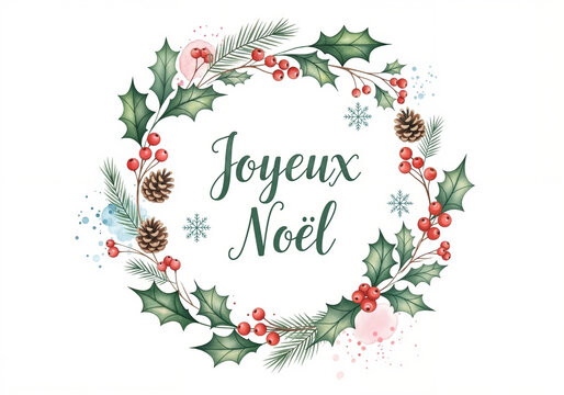 Joyeux Noël French Christmas greeting with festive wreath illustration