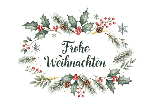 Frohe Weihnachten German Christmas greeting with festive wreath design - Powered by Adobe