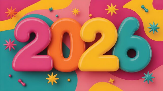 Bright and colorful 3d numbers spelling out the year 2026 with confetti and abstract shapes