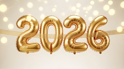 Golden 2026 balloons floating with bokeh lights celebrating new year and future events