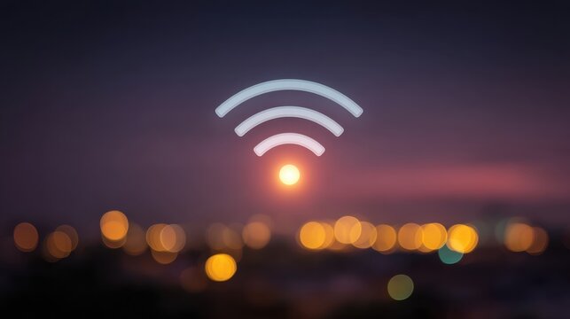 Abstract representation of Wi-Fi connectivity symbol over a blurred city skyline during sunset with bokeh effects and warm glowing lights, digital technology concept.