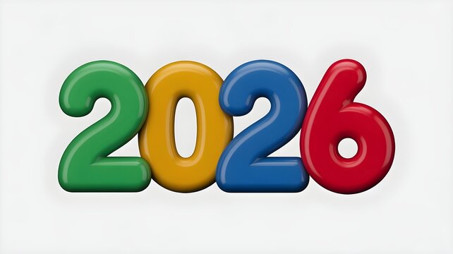 Brightly colored inflatable numbers representing the year 2026 on a white background