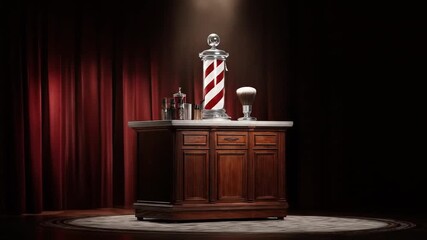 A classic barber shop scene featuring a wooden cabinet with tools, barber pole and a red curtain