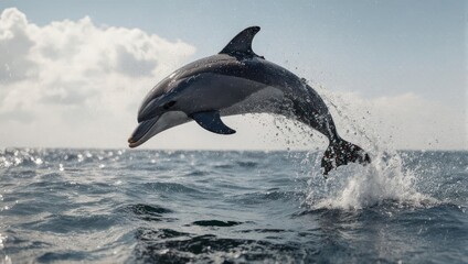 A playful dolphin leaps joyfully out of the ocean water.
