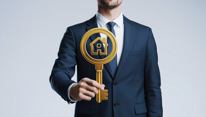 A man in a navy suit holds a huge, stylized gold key with a home icon, symbolizing successful property investment, financial power, ownership, and finding the perfect real estate solution