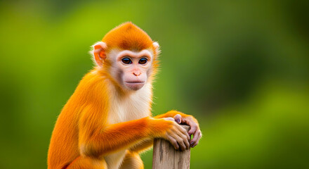 Fototapeta premium Golden monkey perched, gazing intently against a blurred backdrop, its vibrant fur contrasting with soft green hues