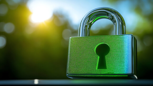A close-up of a green padlock symbolizing security, safety, and privacy in the digital era, set against a blurred natural background.