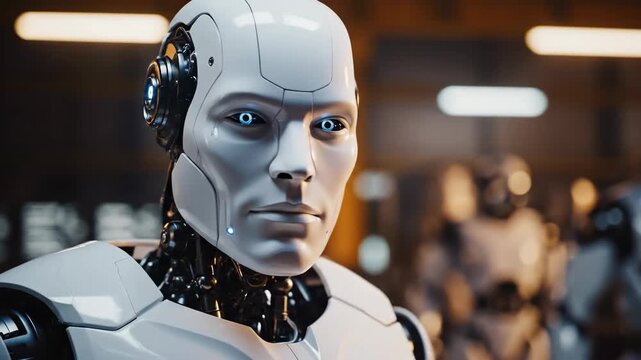 Futuristic Android with Glowing Blue Eyes, a Close-Up Portrait of a Humanoid Robot