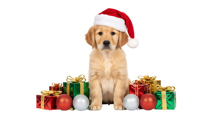 Golden retriever puppy wearing a santa hat surrounded by christmas gifts and ornaments on black background on transparent background