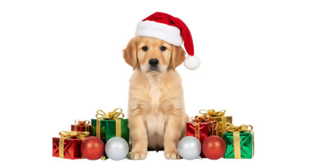 Golden retriever puppy wearing a santa hat surrounded by christmas gifts and ornaments on black background on transparent background