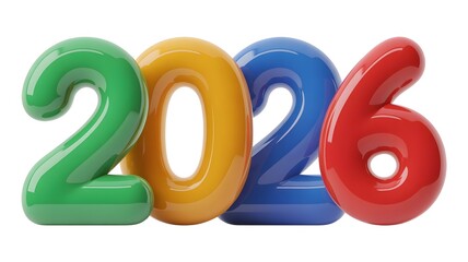 Brightly colored inflatable numbers forming the year 2026 on a white background