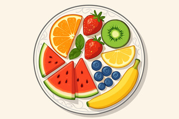 Vibrant Fruit Display. Flat lay of vibrant fresh fruit arranged in a decorative pattern on a clean white vector illustration plate