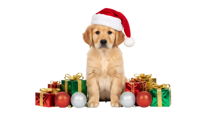 Golden retriever puppy wearing a santa hat surrounded by christmas gifts and ornaments on black background on transparent background
