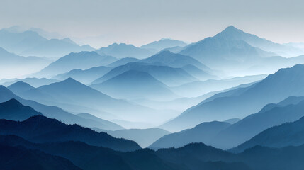 A majestic mountain range enveloped in a tranquil haze, bathed in soft, ethereal hues. The layered peaks and valleys create a sense of depth and vastness.