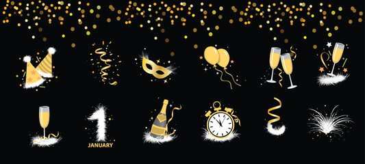 Elegant New Year party icons in gold and black. Champagne, confetti, balloons, clock and fireworks &mdash; perfect for holiday cards, invitations and festive designs.