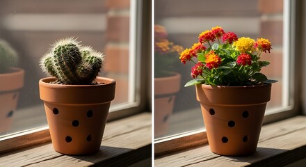 Potted cactus and vibrant orange flowers on a sunny wooden windowsill for home decor