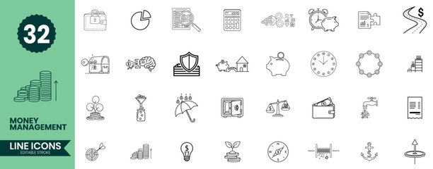 Money Management Line Icons Set 32 Finance, Budgeting, Savings, Investment & Financial Planning Outline Symbols