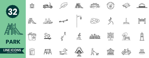 Park Line Icons Set 32 Playground, Nature, Outdoor Activity & Recreation Outline Symbols