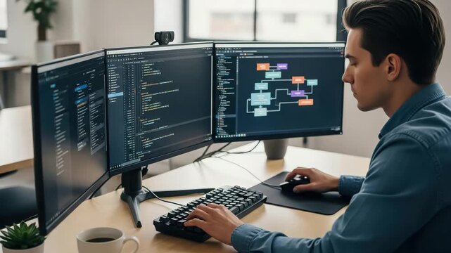 Programmer working on a computer with multiple monitors displaying code and a flowchart