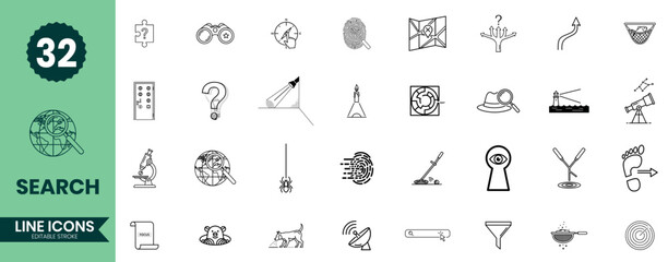 Search Line Icons Set 32 Exploration, Discovery, Analysis & Research Outline Symbols