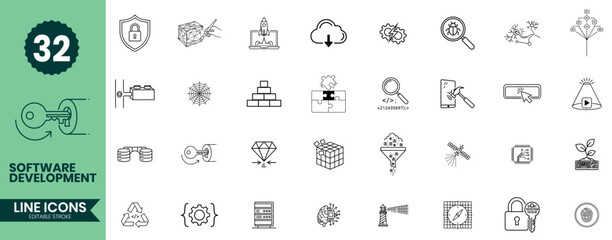 Software Development Line Icons Set 32 Programming, Coding, DevOps & IT Engineering Outline Symbols