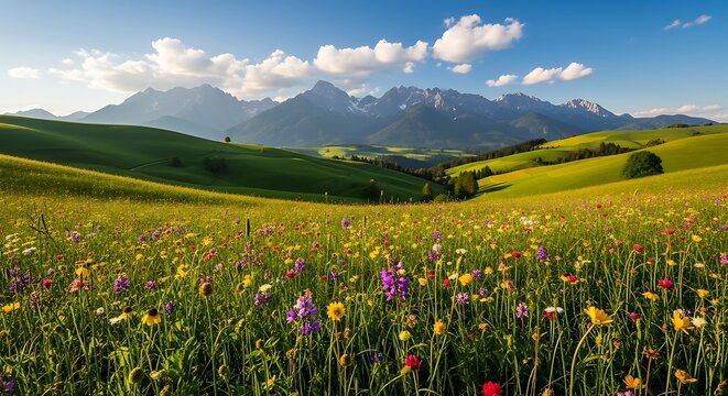 Breathtaking alpine vista a vibrant meadow of colorful wildflowers, rolling green hills, and majestic snow-capped mountains under a clear blue sky