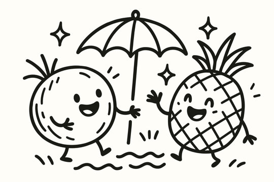 Chatting Fruits Delight. Playful doodle vector scene of a coconut and pineapple chatting joyfully under a doodle umbrella, with