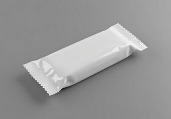 Blank White Flow Pack Wrapper for Snack Products on Grey Background Presentation Shot Ready for Custom Branding and Design